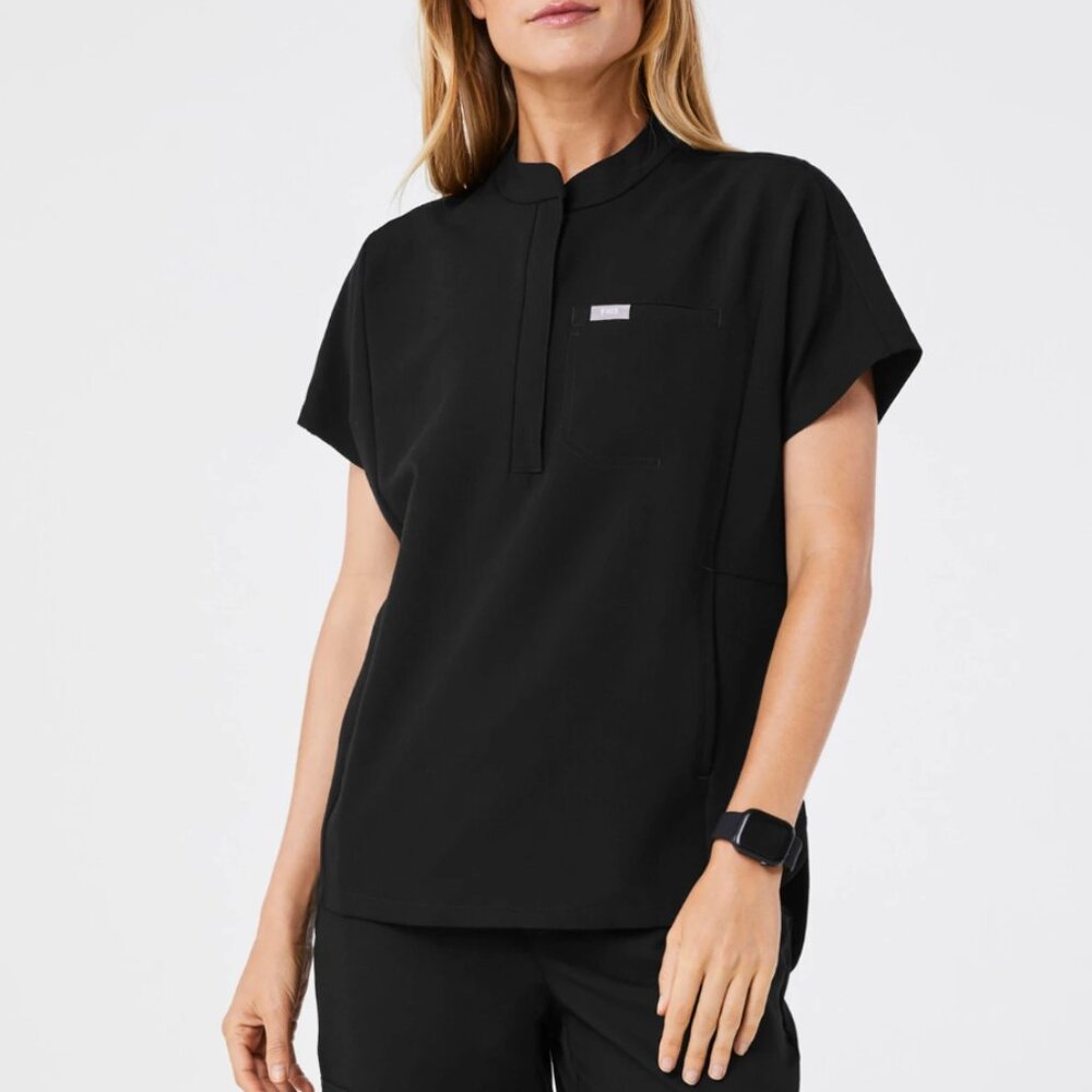 Figs Women's Black Scrub Top with Mandarin Collar